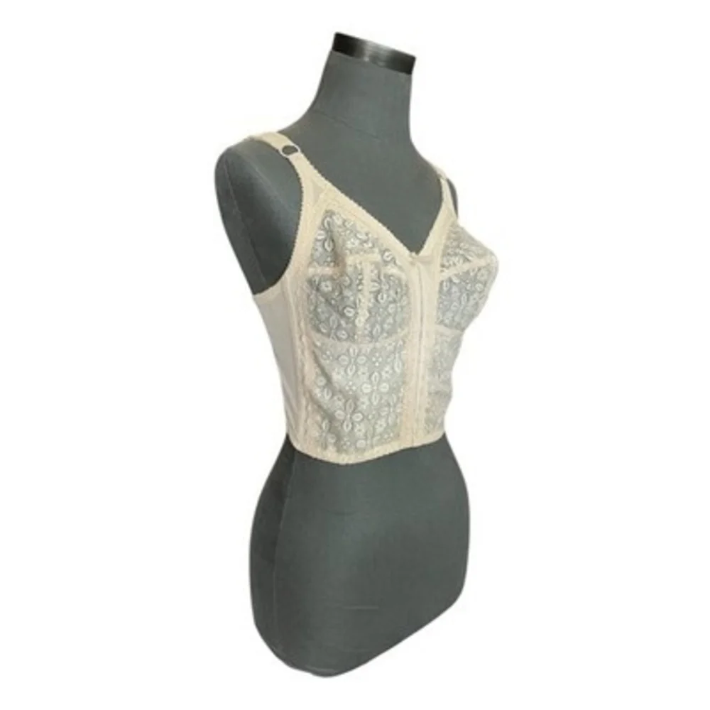 Vintage Triumph Longline Bra Bustier 36C Beige Floral Lace Corset PinUp Lingerie
